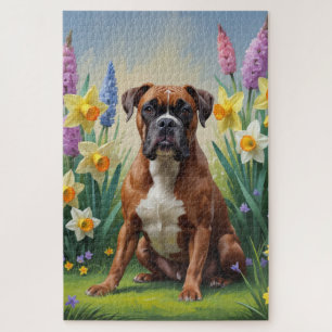 Boxerhund Frühjahrsblumen Malerei Puzzle