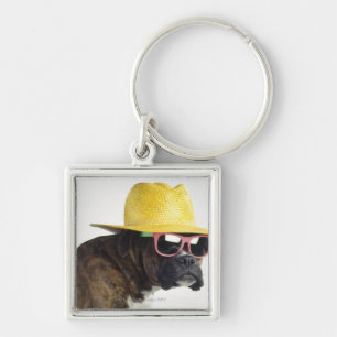 Boxerhund mit Hut und Gläsern Schlüsselanhänger
