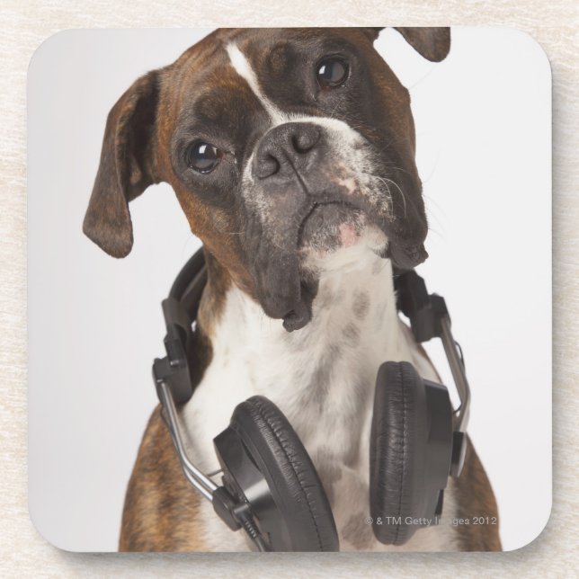 Boxerhund mit Kopfhörern Getränkeuntersetzer (Vorderseite)