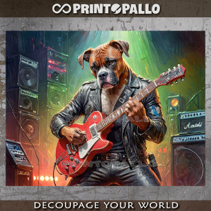 Boxerhund spielt elektrische Gitarre auf einer Büh Seidenpapier