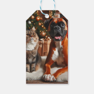 Boxerhund und Katze Weihnachten Geschenkanhänger
