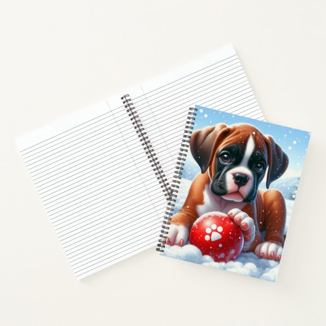 Boxerpuppchen mit rotem Ball im Winter Notizbuch (Innenseite)