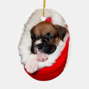 Boxerwelpe in der WeihnachtsStrumpfverzierung Keramikornament