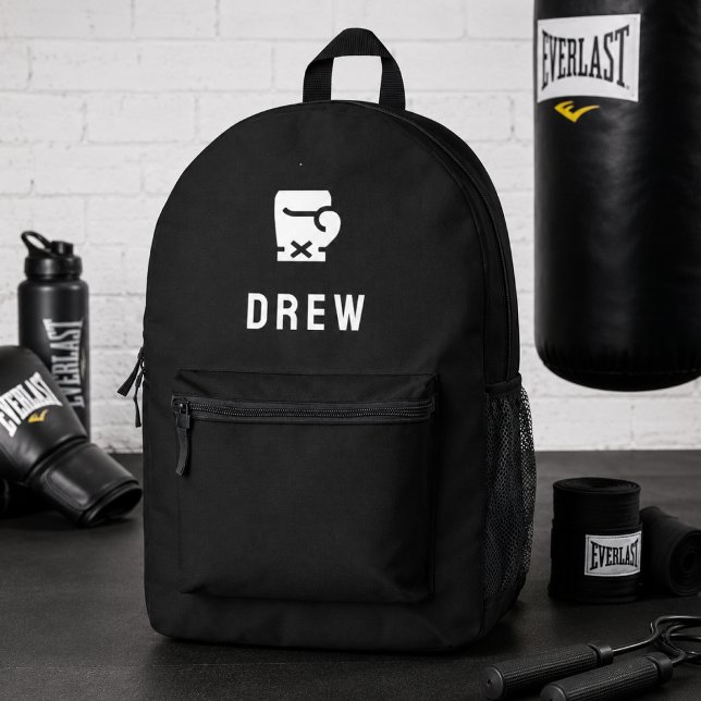Boxhandschuh Moderner Schwarzer Name Boxer Bedruckter Rucksack (Personalized boxing backpack with fighter name and glove icon for gym training days.)