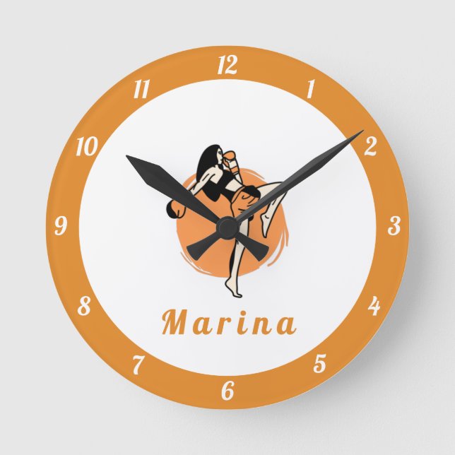Boxing Martial Arts Girl Boxer Orange Kinder Name Runde Wanduhr (Vorderseite)