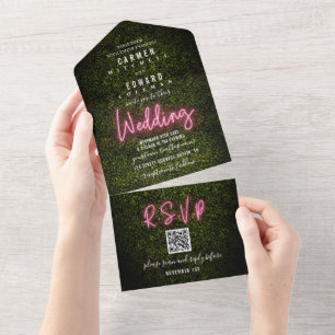 Boxwood and Pink Neon Sign Wedding RSVP All In One Einladung