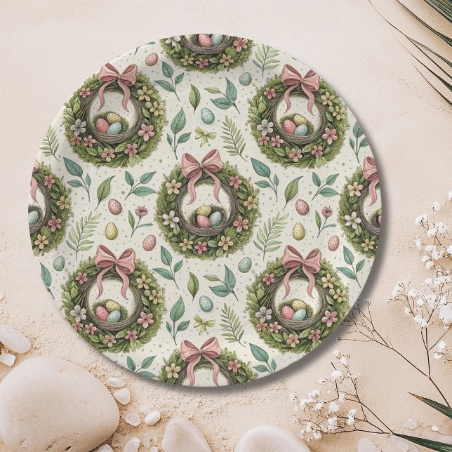 Boxwood Easter Wreath Pink Bow with Egg Pappteller (Von Creator hochgeladen)