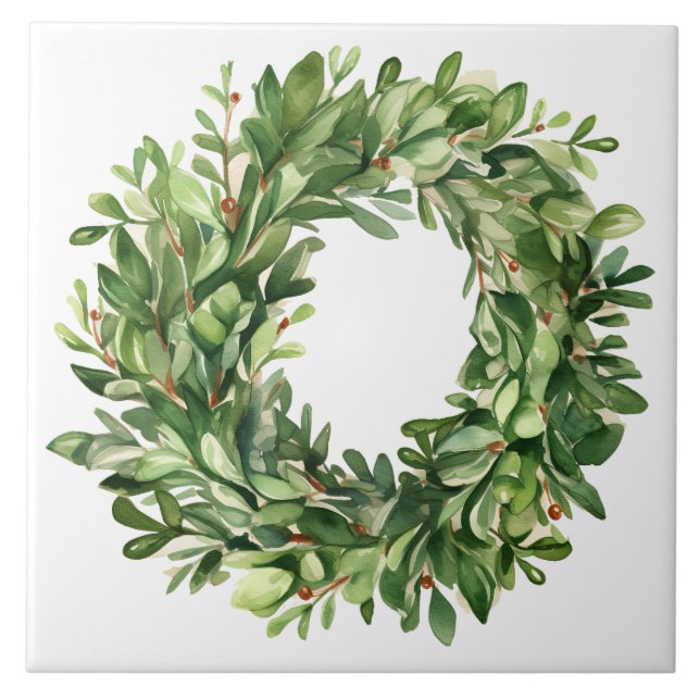 Boxwood Wreath Berries Einfaches Aquarellhaus Fliese (Vorderseite)