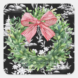 Boxwood Wreath Chinoiserie Bow Square Sticker