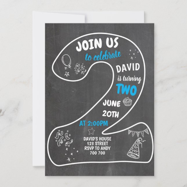 Boy 2. Geburtstag Chalkboard Nummer blau Einladung (Vorderseite)