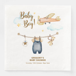 Boy Adventure Clothesline Airplane Sky Baby Shower Serviette