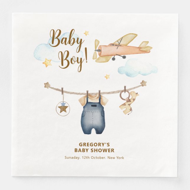 Boy Adventure Clothesline Airplane Sky Baby Shower Serviette (Vorderseite)