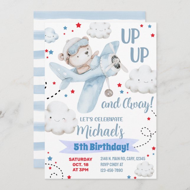 Boy airplane party invitation, bear plane birthday einladung (Vorne/Hinten)