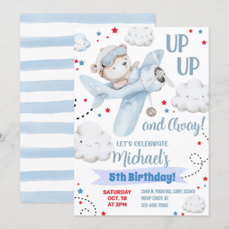 Boy airplane party invitation, bear plane birthday einladung