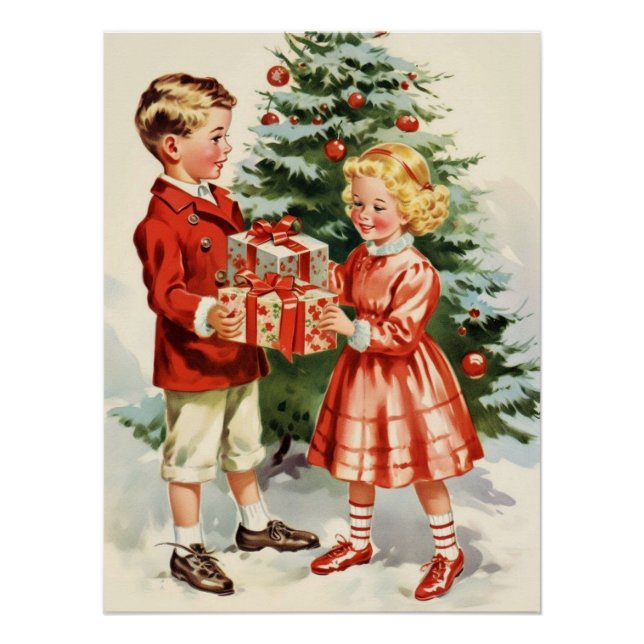 Boy and girl giving each other Christmas presents Poster (Vorderseite)