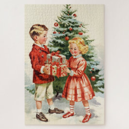 Boy and girl giving each other Christmas presents Puzzle