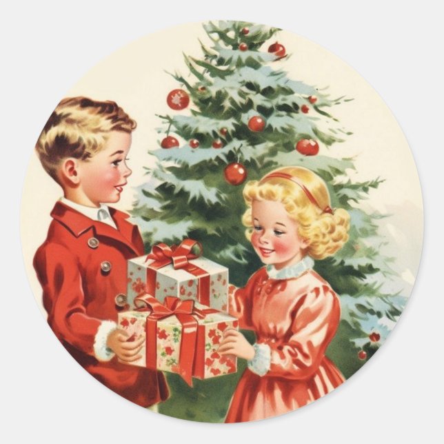 Boy and girl giving each other Christmas presents Runder Aufkleber (Vorderseite)