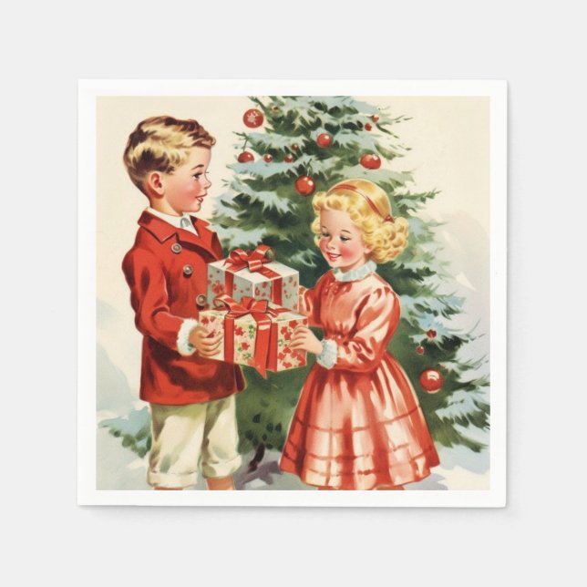 Boy and girl giving each other Christmas presents Serviette (Vorderseite)