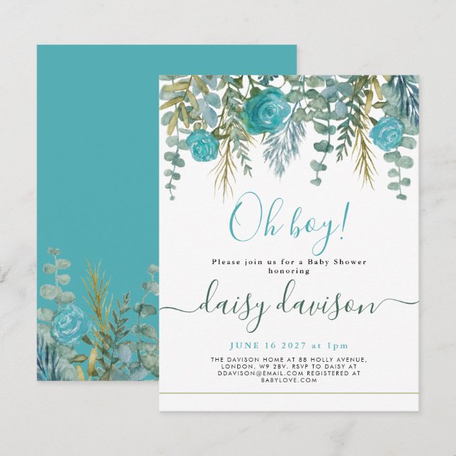 Boy Aquarell Blütendusche Einladung (Vorne/Hinten)