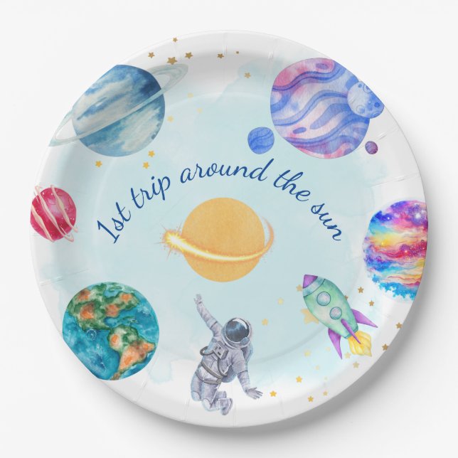 Boy Astronaut Gold Blue Rocket Ship Planet Pappteller (Vorderseite)