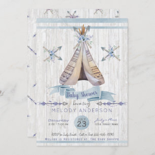 Boy Baby Blue Dusche Boho Chic Teepee & Arrows Einladung