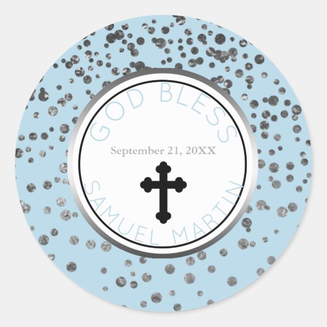 Boy Baby Blue Silver Personalisierte religiöse Gef Runder Aufkleber (Vorderseite)