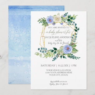 Boy Baby Dusche Blue White Roses Watercolor Wreath Einladung