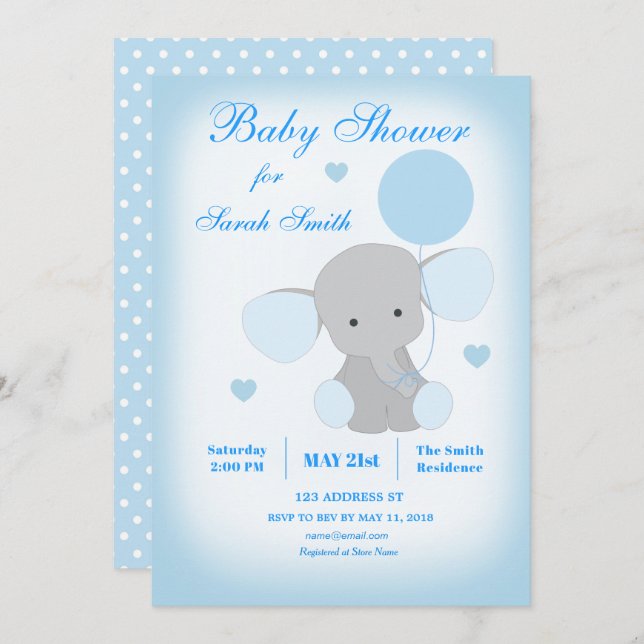 Boy Baby Duwer Blue Elephant Einladung (Vorne/Hinten)