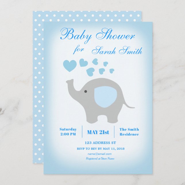 Boy Baby Duwer Blue Elephant Einladung (Vorne/Hinten)