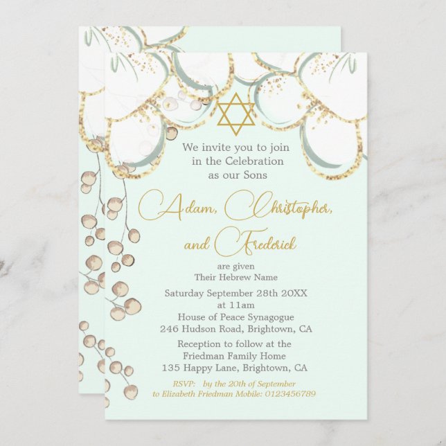 Boy Baby Hebrew Twin Triplet Namemony Zeremonie Einladung (Vorne/Hinten)