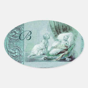 BOY BABY SHOWER ANTIQUE BLUE FLORAL MONOGRAM OVALER AUFKLEBER