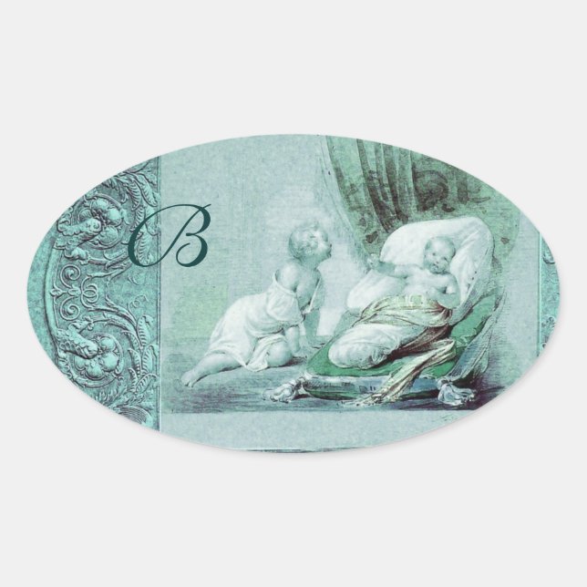 BOY BABY SHOWER ANTIQUE BLUE FLORAL MONOGRAM OVALER AUFKLEBER (Vorderseite)