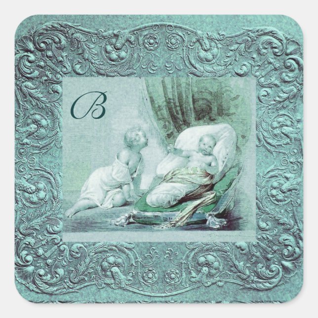 BOY BABY SHOWER ANTIQUE BLUE FLORAL MONOGRAM QUADRATISCHER AUFKLEBER (Vorderseite)