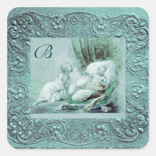 BOY BABY SHOWER ANTIQUE BLUE FLORAL MONOGRAM QUADRATISCHER AUFKLEBER