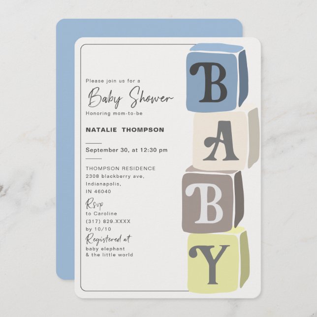 Boy Baby Shower Blocks Blue Einladung (Vorne/Hinten)