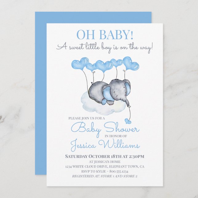 Boy Baby Shower Blue Elephant auf Cloud Einladung (Vorne/Hinten)