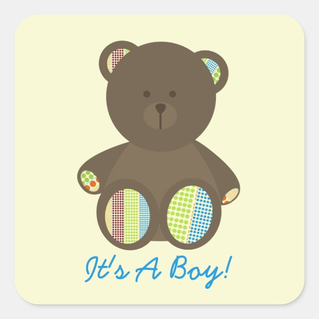 Boy Baby Shower Brown gepolsterter Bär Boho Dots Quadratischer Aufkleber (Vorderseite)