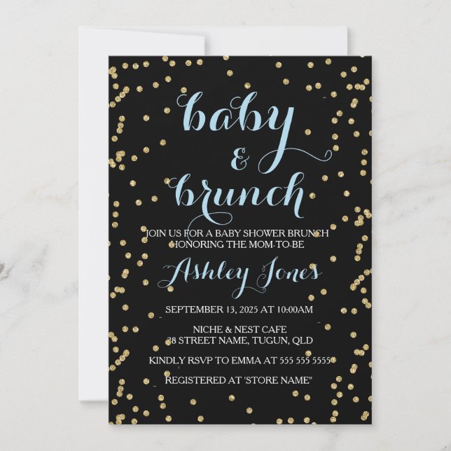 Boy Baby Shower & Brunch Gold Glitzer Black Card Einladung (Vorderseite)
