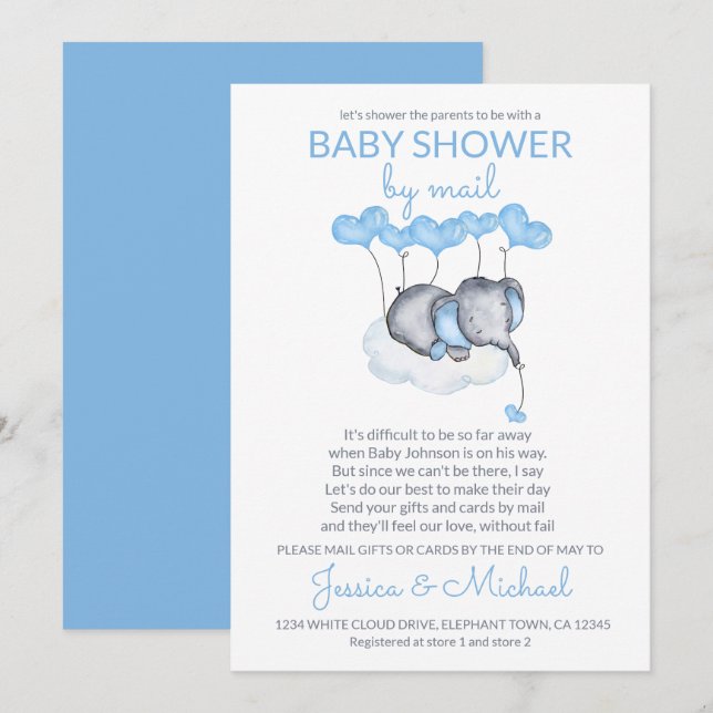Boy Baby Shower by Mail Blue Elephant on Cloud Einladung (Vorne/Hinten)