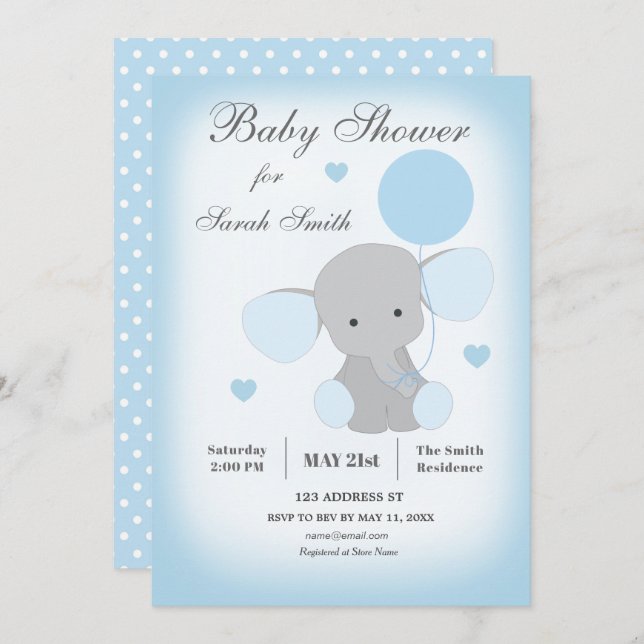 Boy Baby Shower Einladung Elephant Blue (Vorne/Hinten)