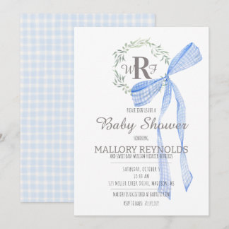 Boy Baby Shower Einladung Monogram & Gingham Bow