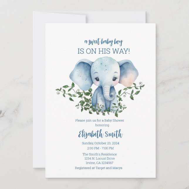 Boy Baby Shower Einladung Vorlage Elephant (Vorderseite)