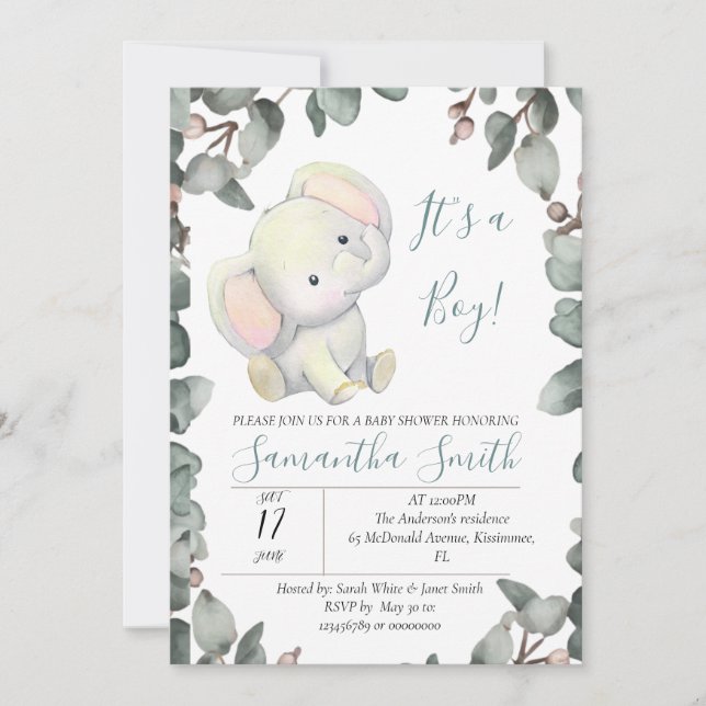 Boy Baby Shower Elephant Eucalyptus Blätter Einladung (Vorderseite)
