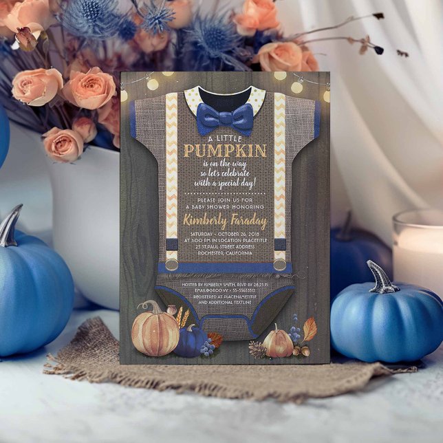 Boy Baby Shower Fall Pumpkin Rustic Burlap Wood Einladung (Navy Blue and Orange Rustic Fall Baby Shower Invitations)