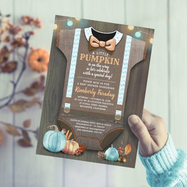Boy Baby Shower Fall Pumpkin Rustic Burlap Wood Einladung (Orange and Blue Rustic Fall Baby Shower Invitations)