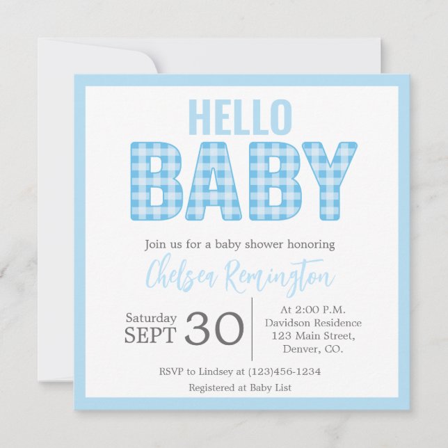 Boy Baby Shower Invitation - Blue Gingham Einladung (Vorderseite)