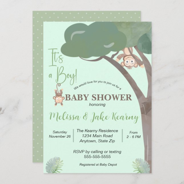 BOY BABY SHOWER, MONKEY BABY SHOWER EINLADUNG (Vorne/Hinten)