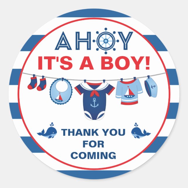 Boy Baby Shower Nautical Classic Round Sticker (Vorderseite)