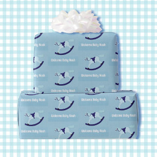 Boy Baby Shower Niedlich Rocking Pferd Name Blau Geschenkpapier