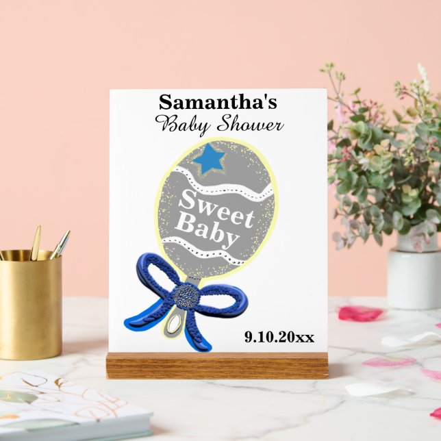 Boy Baby Shower Silver Blue Rattle Acrylschild (Hochzeit)